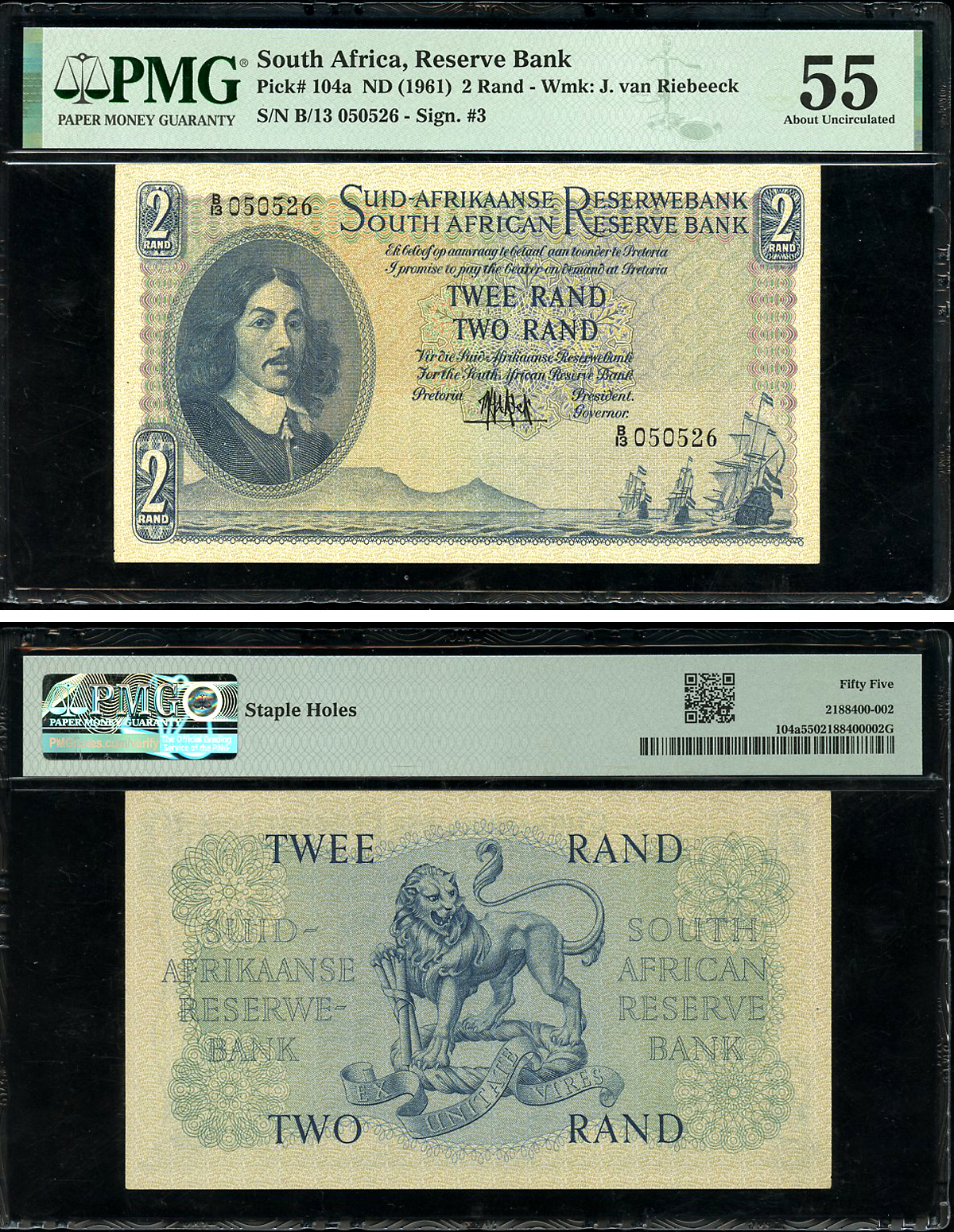 ЮАР 2 ранда ND (1961) Бартоломеус Вермуйден, лев, английский-африкаанс, в слабе PMG 55 About Uncirculated Pick 104 a бумага  aUNC  452-1-17
