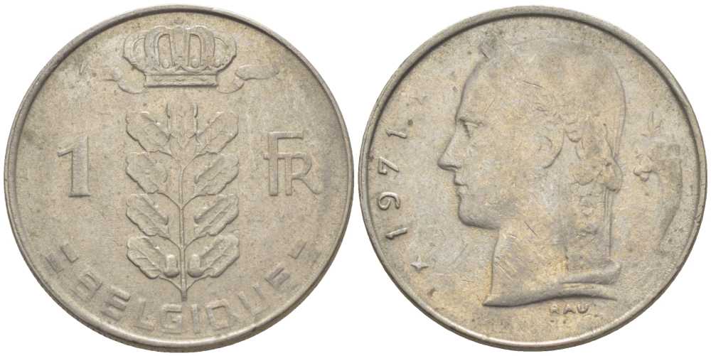 БЕЛЬГИЯ 1 ФРАНК 1971 BELGIQUE, БОДУЭН I (1951-1993) KM 142.1 медно-никель 119-514