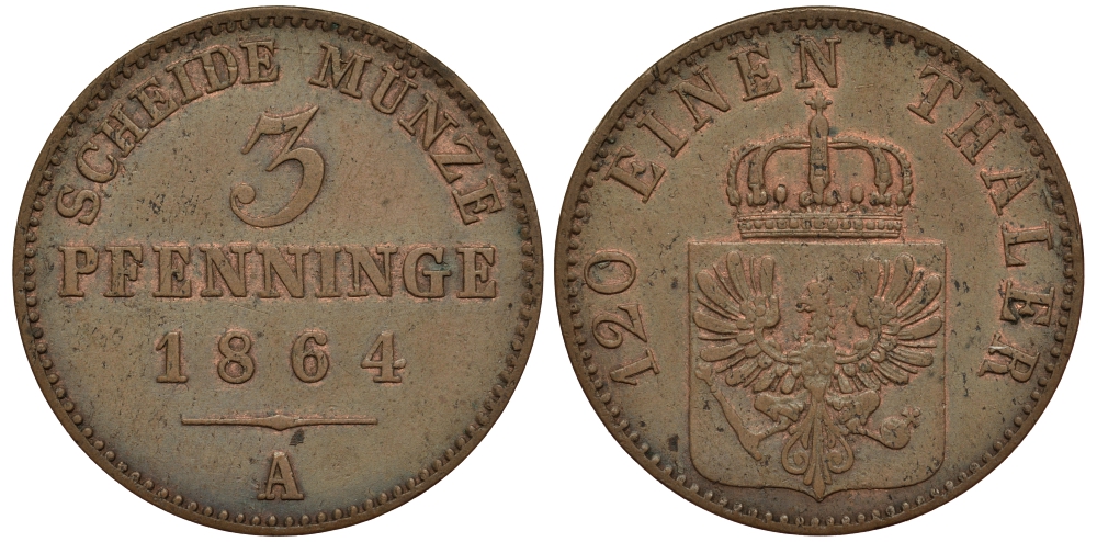 Пруссия 3 пфеннига 1864 А, Вильгельм I (1861-1888) Olding 424, AKS 106, Jaeger 52 медь 413-5332
