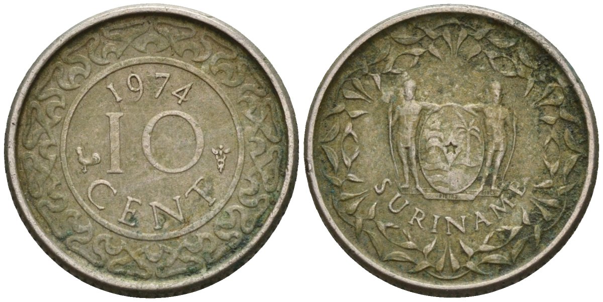 Суринам 10 центов 1974 KM 13 медно-никель 4174-819