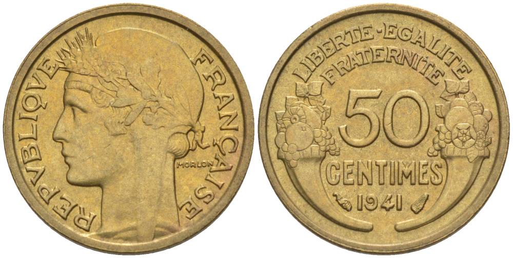 ФРАНЦИЯ 50 САНТИМОВ 1941 ТИП MORLON KM 894.1, LE FRANC 192.18 алюминиевая бронза 44-626