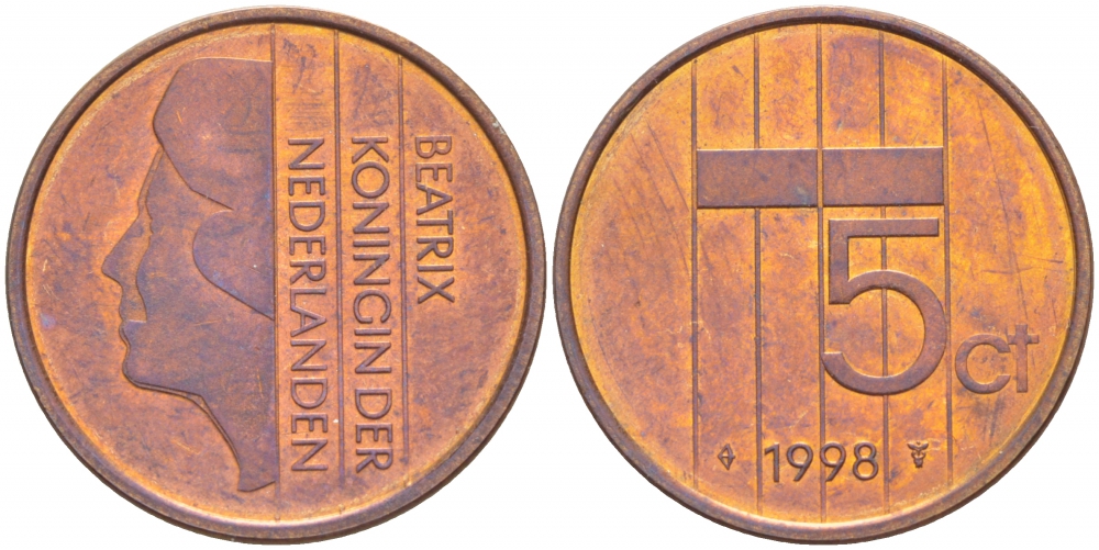 НИДЕРЛАНДЫ 5 ЦЕНТОВ 1998 БЕАТРИКС KM 202 бронза 4547-822