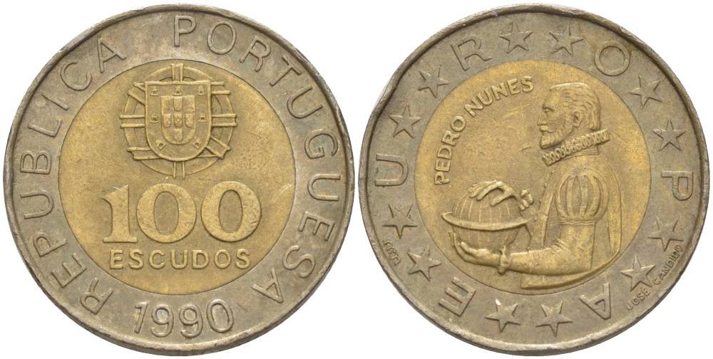 Португалия 100 эскудо 1990 Педру Нуниш (1502-1578), математик KM 645.1 биметалл 4551-1035