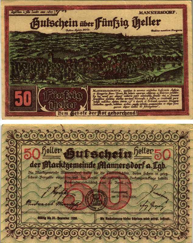 МАННЕРСДОРФ-ам-ЛАЙТАГЕБИГРЕ 50 ГЕЛЛЕРОВ 1920 НОТГЕЛЬД, 30 МАЯ 1920 - 31 ДЕКАБРЯ 1920, НИЖНЯЯ АВСТРИЯ бумага 7205-31-3-2
