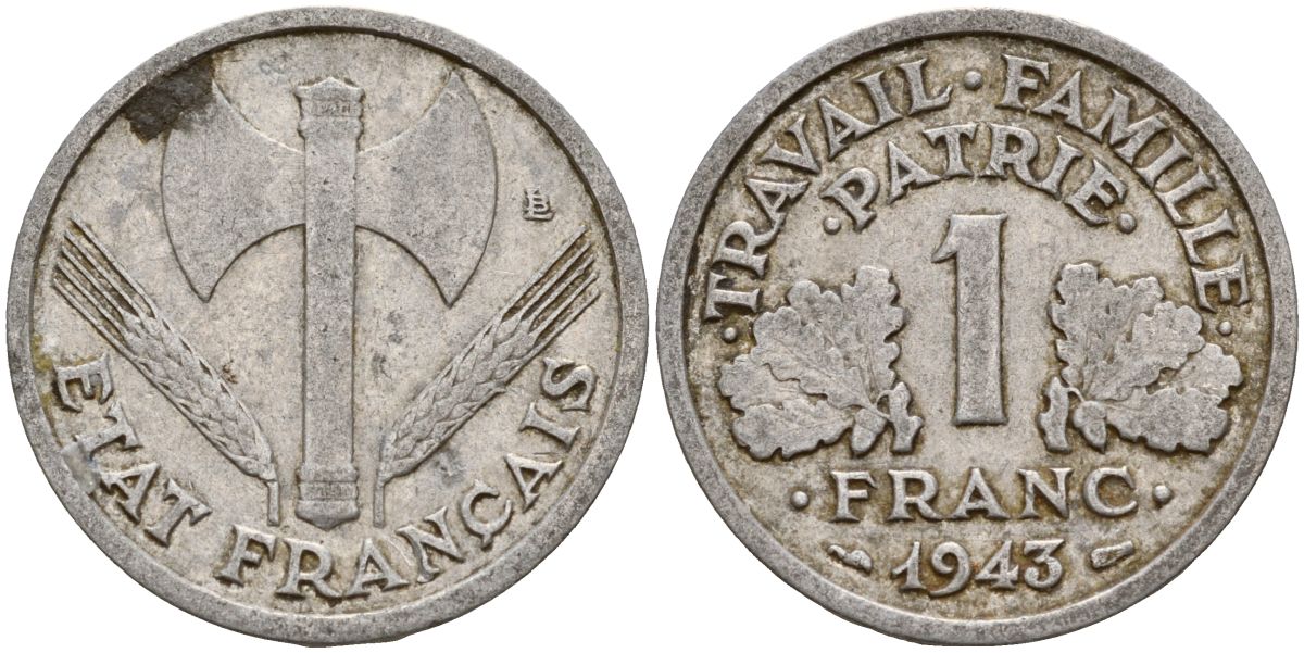 Франция 1 франк 1943 правительство Виши KM 902.1, Le Franc алюминий 4126-647