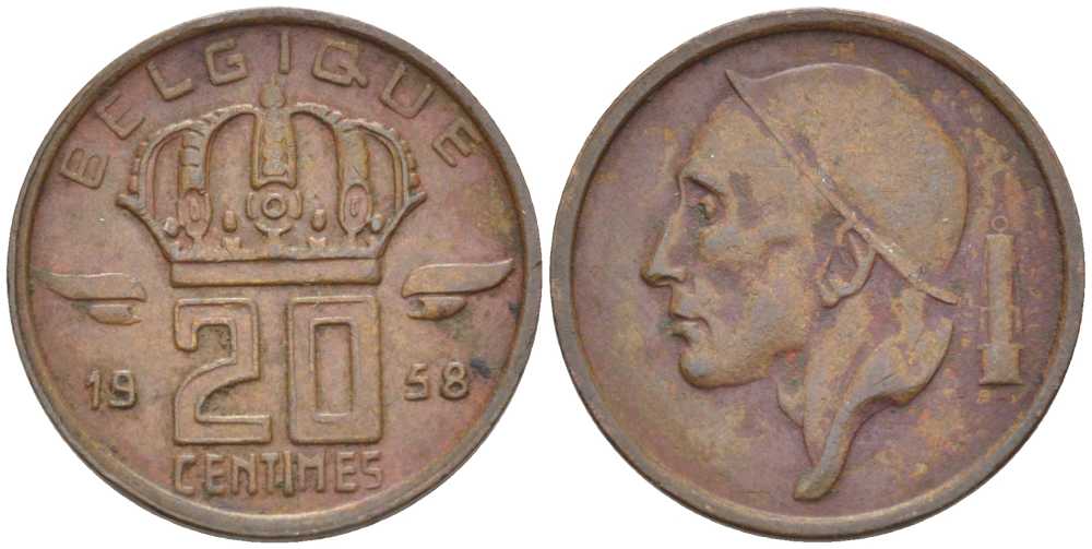 БЕЛЬГИЯ 20 САНТИМОВ 1958 BELGIQUE KM 146 бронза 66-939