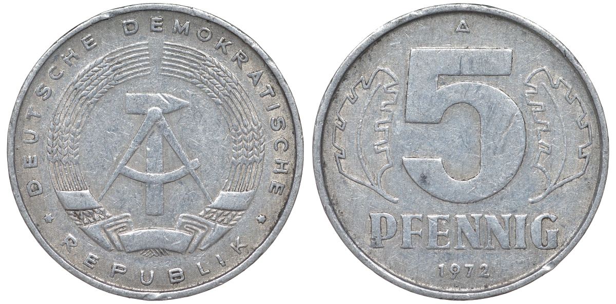 ГДР 5 пфеннигов 1972 A KM 9.1 алюминий 62-242