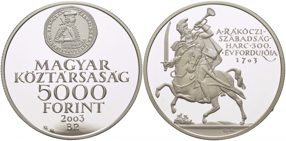 Венгрия 5000 форинтов 2003 300 лет войне за независимость, тираж 3000 экземпляров KM 771 серебро PROOF 1071-10-21