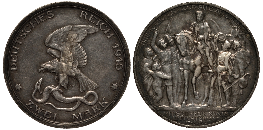 Пруссия 2 марки 1913 A, Вильгельм II (1888-1918), 100 лет победы над Наполеоном J.109, Weege 109, KM 532 серебро 3711-921