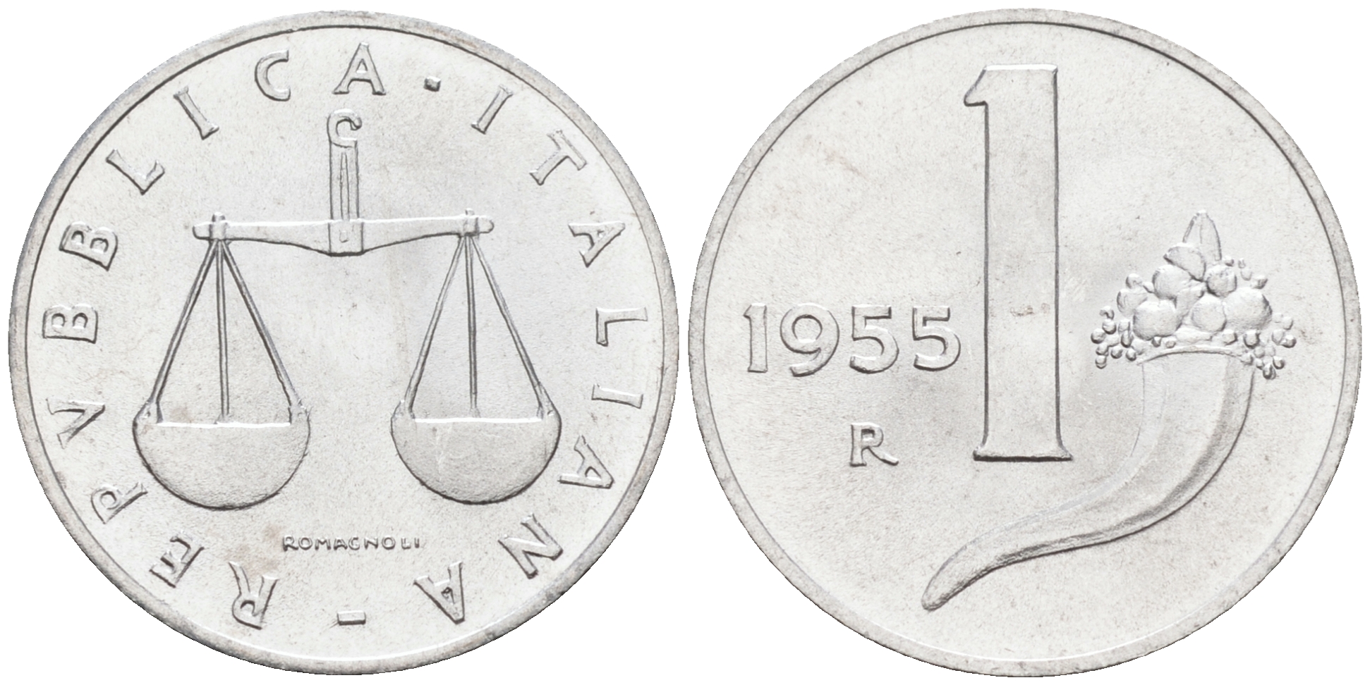 Италия 1 лира 1955 R, весы KM 91 алюминий  UNC  4594-642