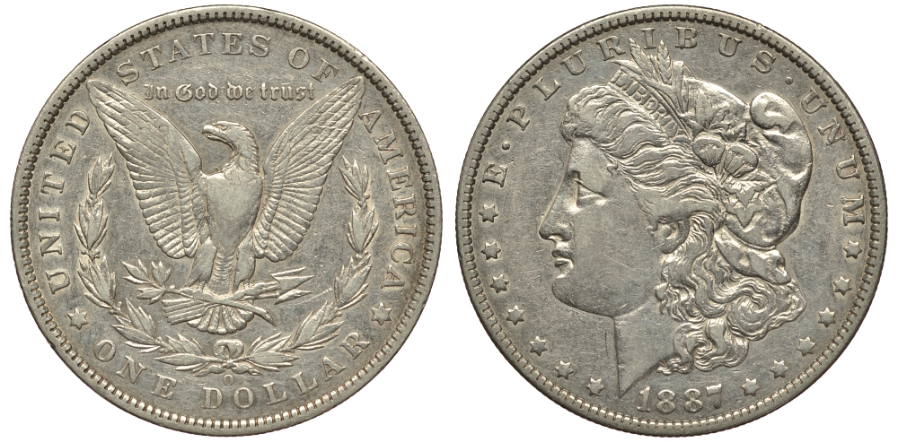 США 1 доллар 1887 O, Морган доллар, монетный двор Орлеан KM 110 серебро 413-315