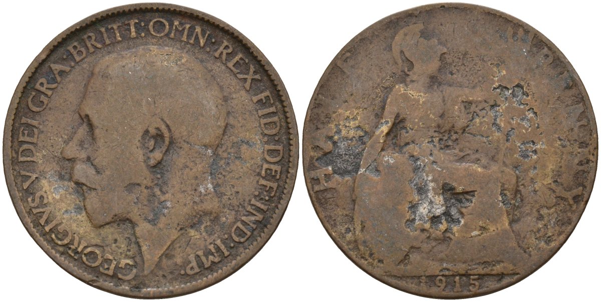 Великобритания 1/2 пенни 1915 Георг V (1910-1936) KM 809, Spink 4056 бронза 4143-651