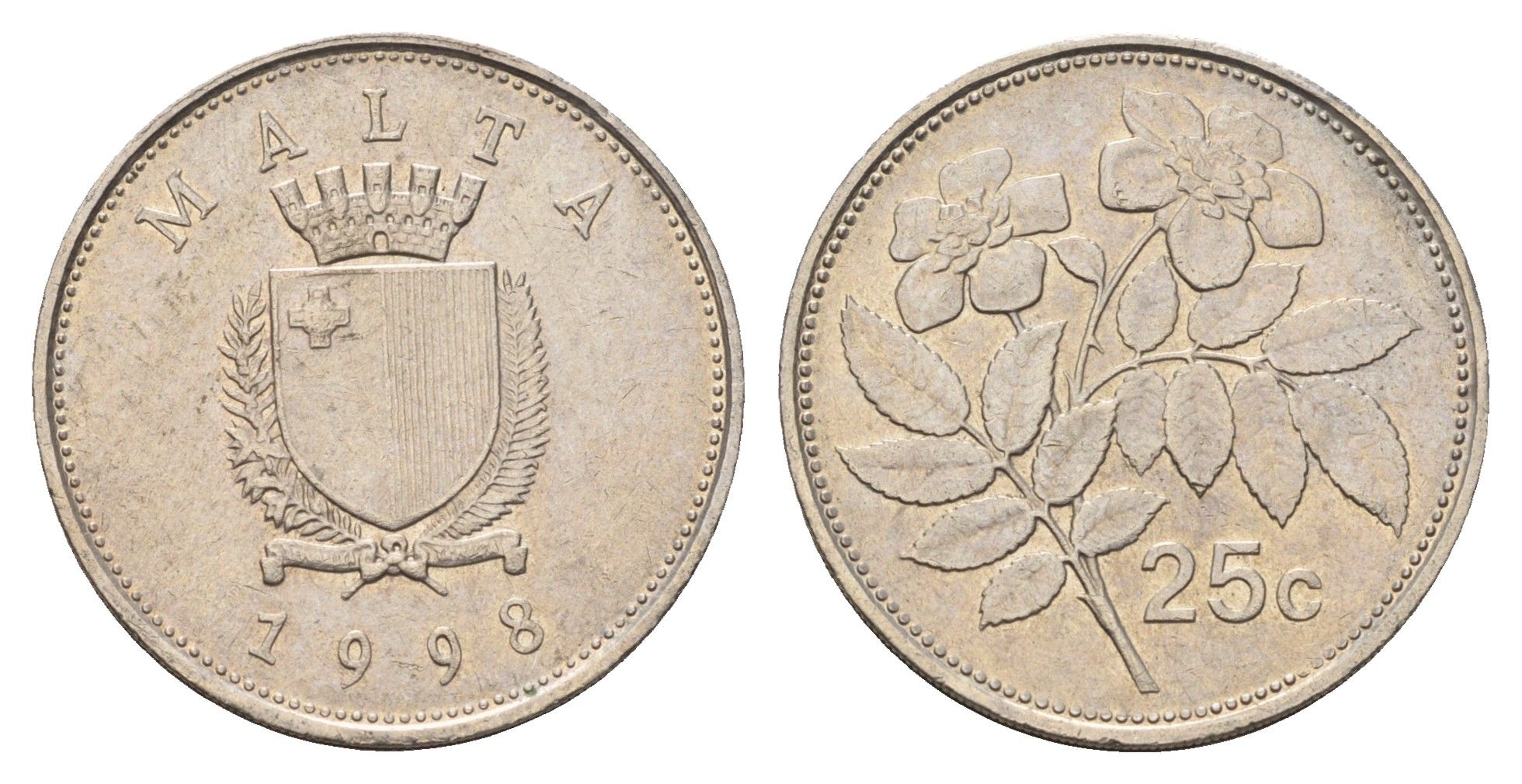 Мальта 25 центов 1998 шиповник вечнозелёный KM 97 медно-никель 4703-715