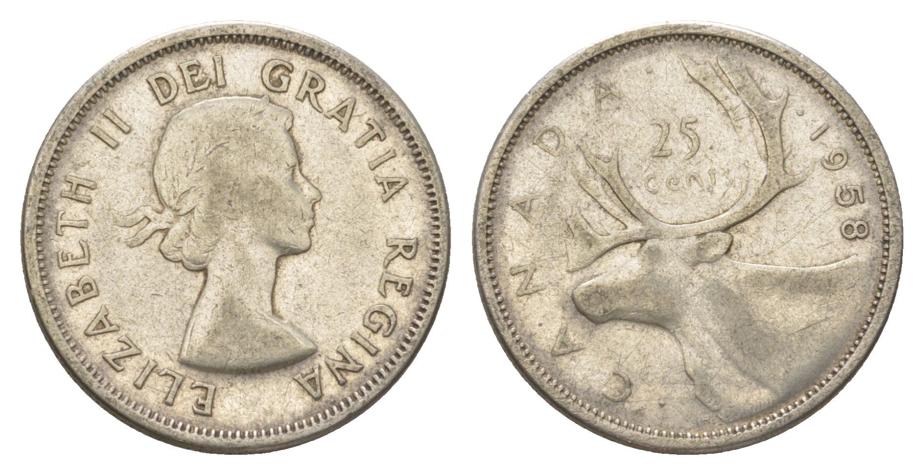 Канада 25 центов 1958 Елизавета II (1952-2022), олень KM 52 серебро 4622-827