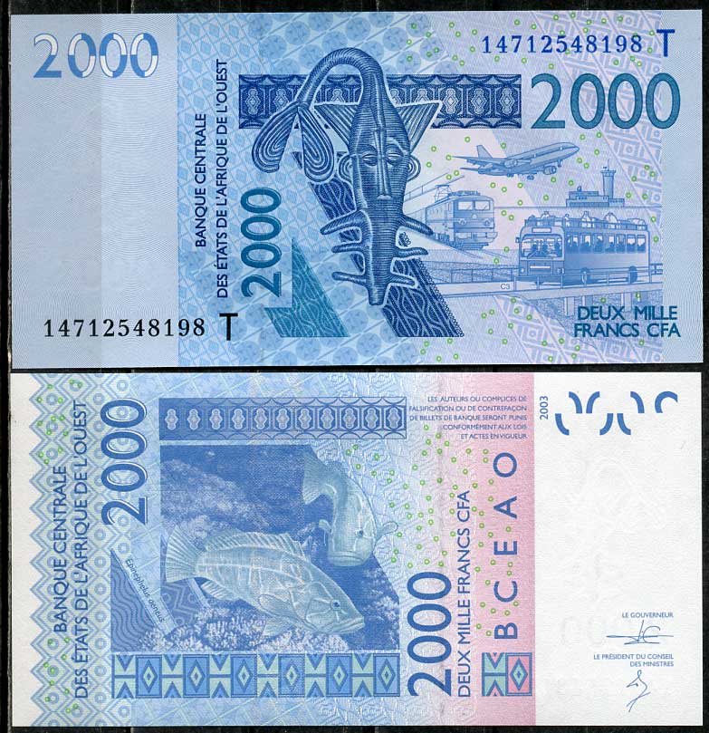 Валютный Союз Стран Западной Африки, Того 2000 франков 2003 гиря, поезд, самолет, аэропорт, автобус, груперы Pick 816Ta  бумага  UNC (пресс) 448-151-3