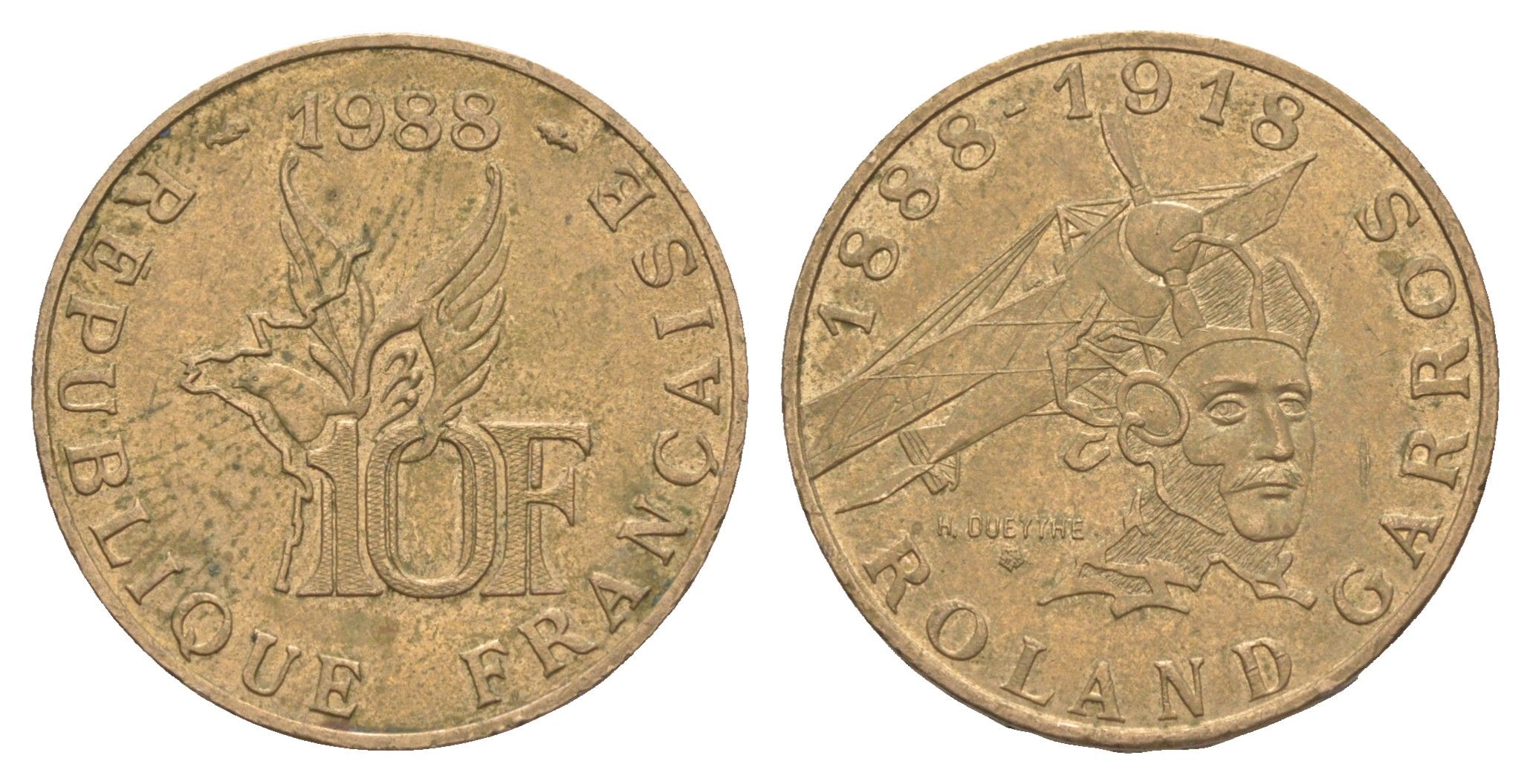 Франция 10 франков 1988 100 лет со дня рождения Ролана Гарроса KM 965 никель латунь 4543-845