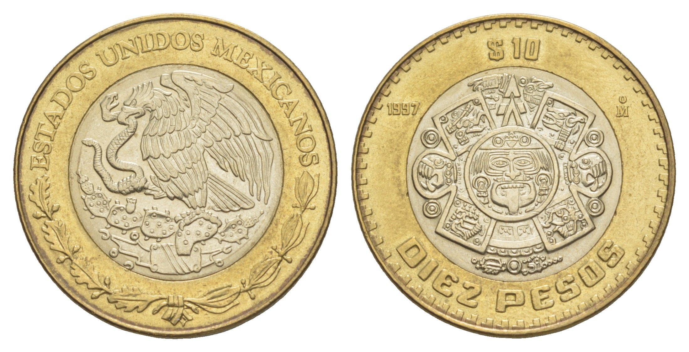 Мексика 10 песо 1997 Мо, бог Тонатиуха с огненной маской KM 616 биметалл aUNC 4637-716