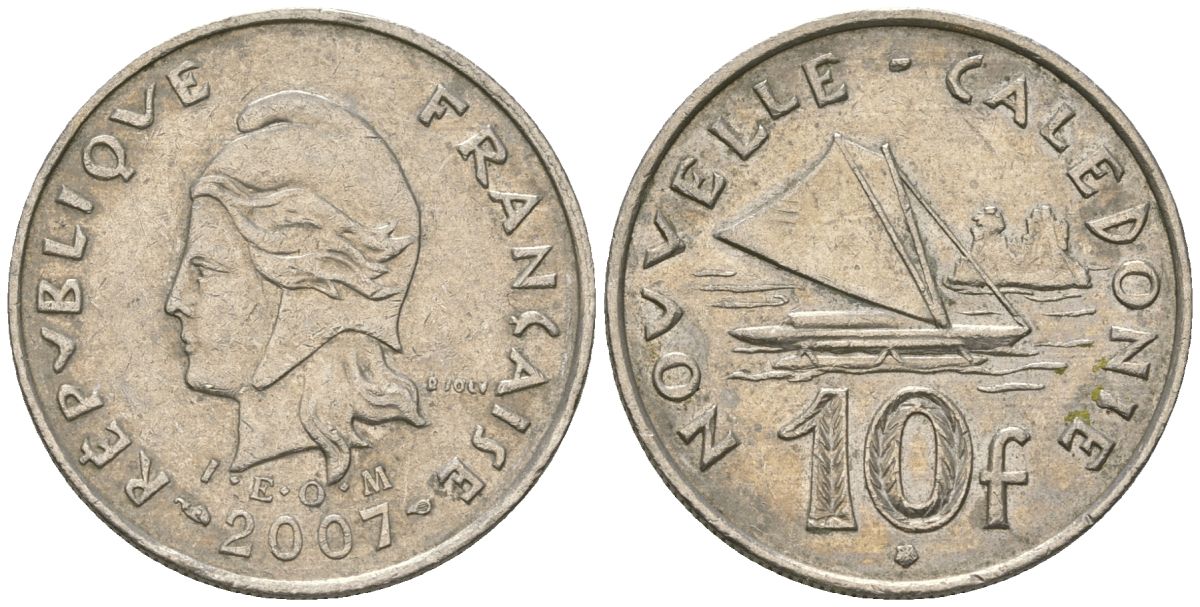 Французская Новая Каледония 10 франков 2007 рыбачья парусная лодка, (IEOM) KM 11a, Schoen 13a, Lec 99k медно-никель 56-1436