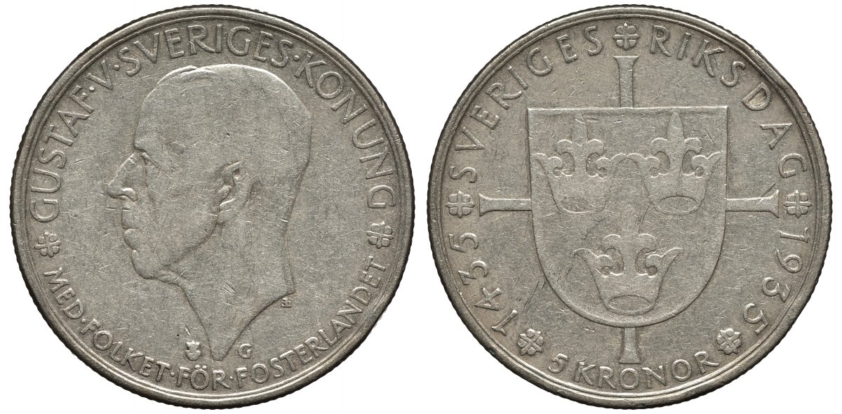 Швеция 5 крон 1935 G, Густав V (1907-1950), 500 лет шведскому парламенту KM 806 серебро 4552-733