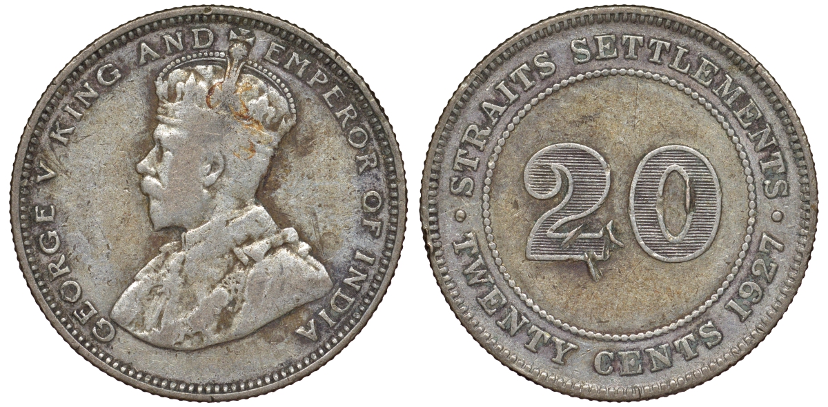 Стрейтс-Сетлментс 20 центов 1927 Георг V (1910-1936) КМ 30b серебро 53-746
