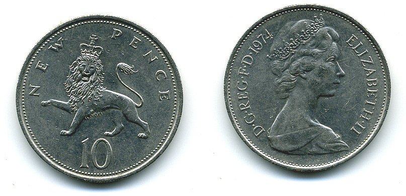 Великобритания 10 пенсов 1974 Елизавета II (1952-2022) KM 912, Spink 4231 (F1) медно-никель  4110-1334