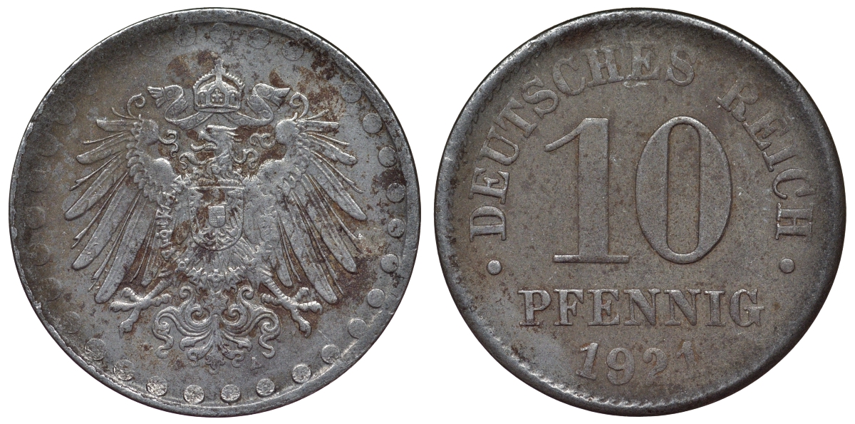 Германия 10 пфеннигов 1921 A KM 20, J. 298 железо 4119-224