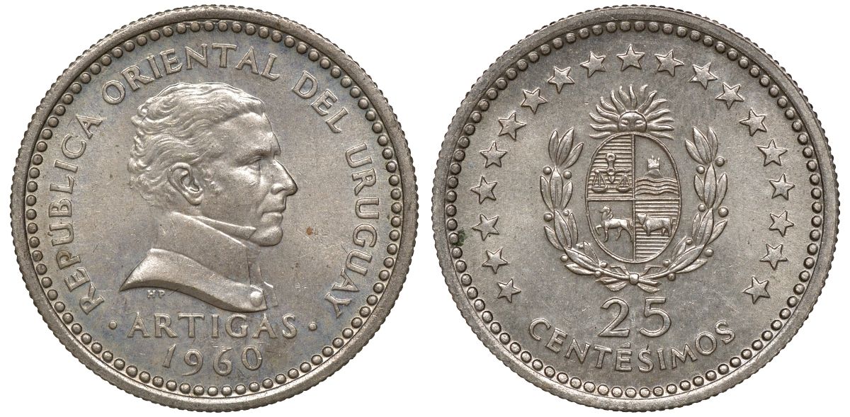 Уругвай 25 сентесимо 1960 KM 40 медно-никель 4169-763