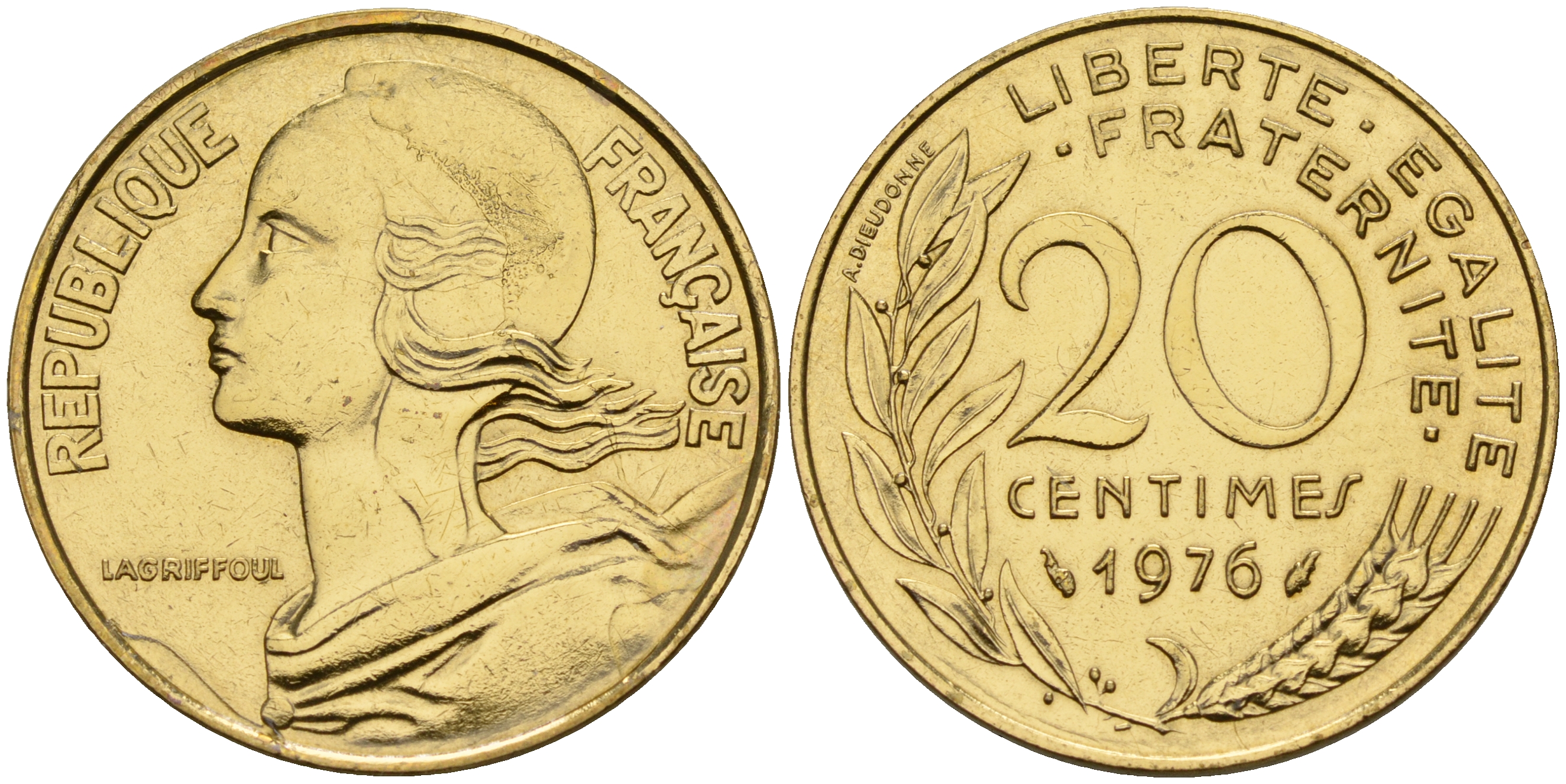 Франция 20 сантимов 1976 тип Марианна KM 930 медь алюминий никель    4153-415