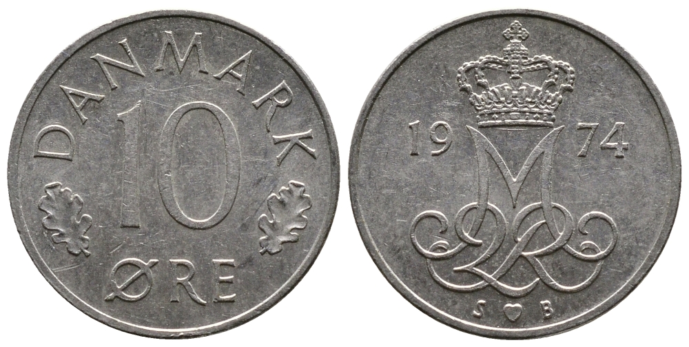ДАНИЯ 10 ЭРЕ 1974 S; B, МАРГРЕТЕ II (1972-) KM 860.1 медно-никель 26-934