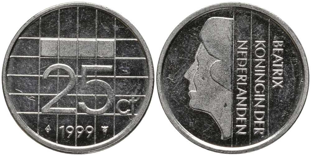 НИДЕРЛАНДЫ 25 ЦЕНТОВ 1999 БЕАТРИКС KM 204 никель 112-749