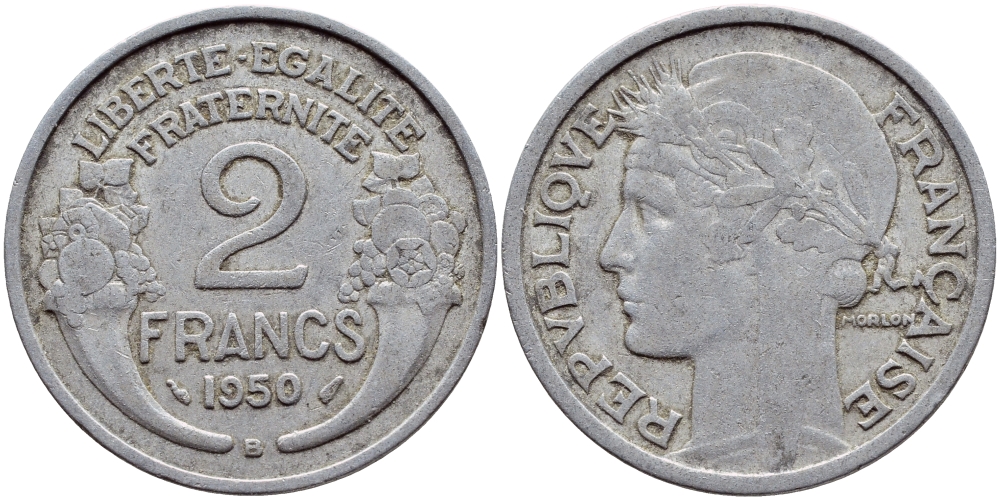 Франция 2 франка 1950 В KM 886а.2, Le Franc 269.17 алюминий 4397-756