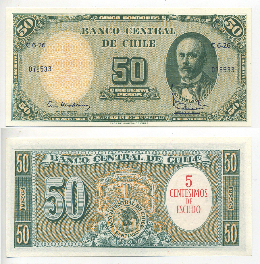 Чили 5 сентесимо ND (1960-1961) надпечатка на 50 песо, Анибаль Пинто, 22 мм. Pick 126b бумага UNC (пресс) 6283-13-3