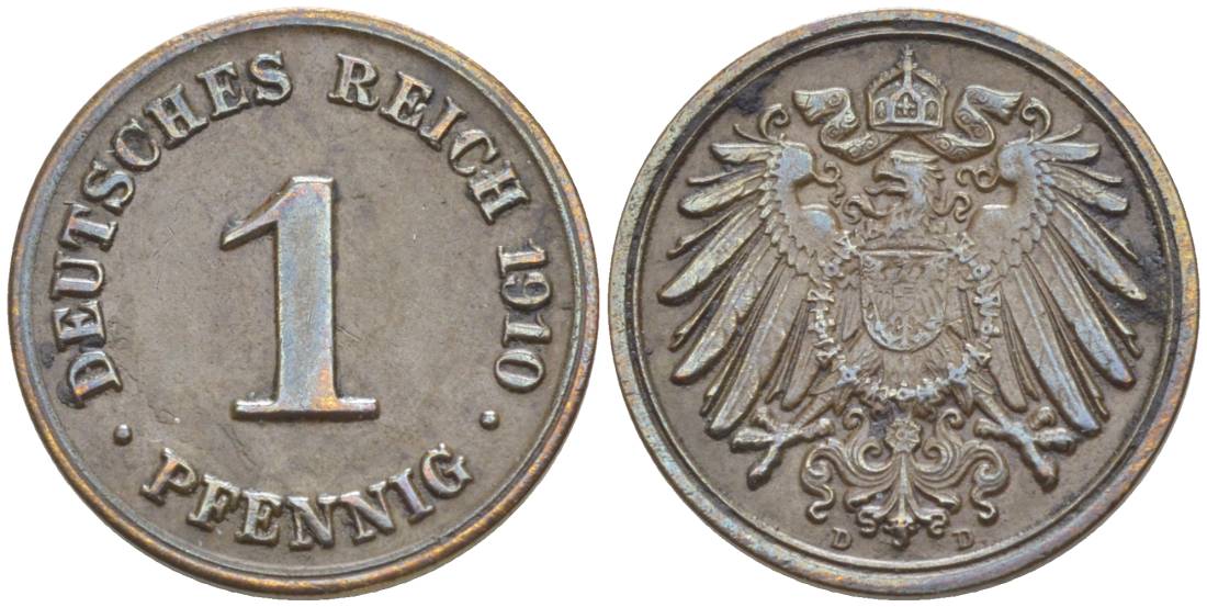 ГЕРМАНИЯ 1 ПФЕННИГ 1910 D KM 10, Jager. 10, Weege 2 медь 4528-1262
