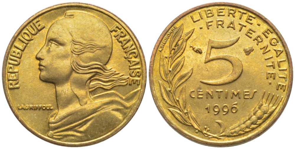 ФРАНЦИЯ 5 САНТИМОВ 1996 ТИП MARIANNE, 3 PILIS KM 933, LE FRANC 125.38 медь алюминий никель 116-463
