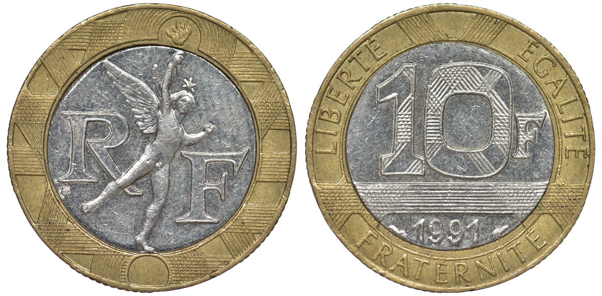 Франция 10 франков 1991 тип гений Бастилии KM 964.1, Le Frank 375.6 биметалл 45-926