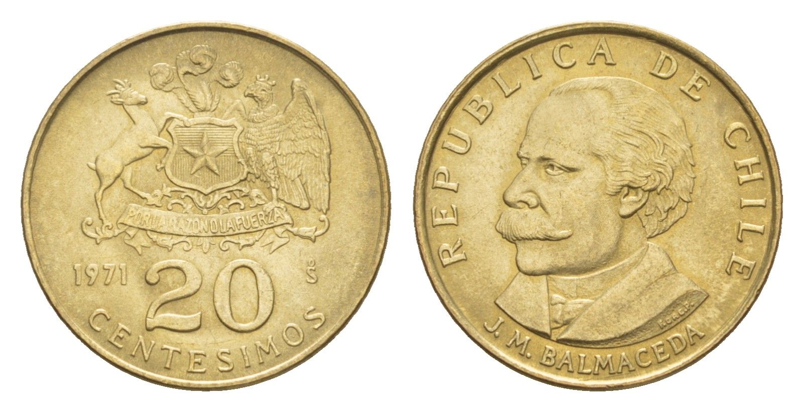 Чили 20 сентесимо 1971 KM 195 алюминиевая бронза UNC 4655-915