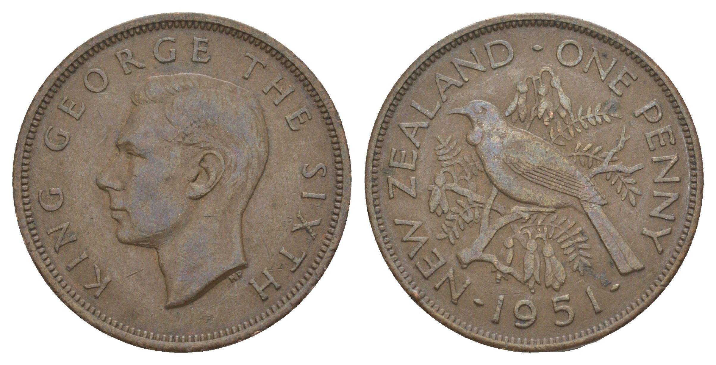 Новая Зеландия 1 пенни 1951 Георг VI (1936-1952), новозеландский туи KM 21 бронза 88-234