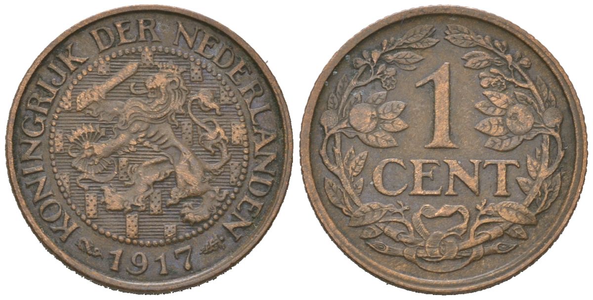 Нидерланды 1 цент 1917 Вильгельмина (1890-1948) KM 152 бронза 4152-253