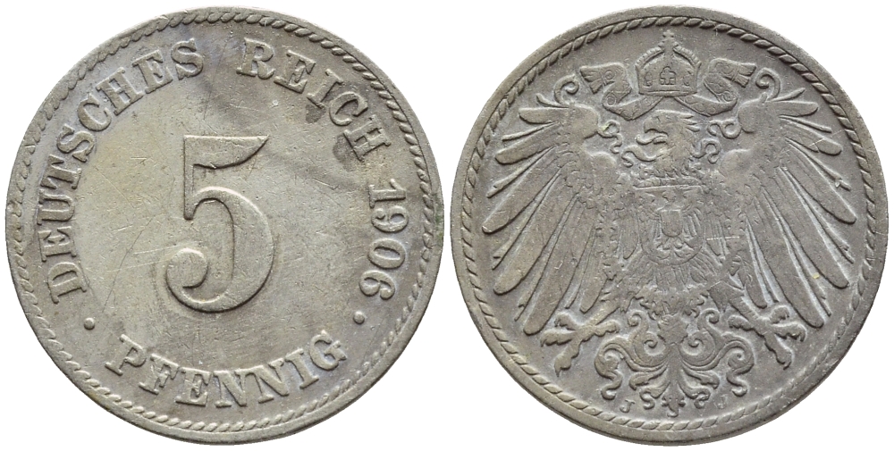 Германия 5 пфеннигов 1906 J KM 11, Jager 12, Weege 6 медно-никель 4396-261
