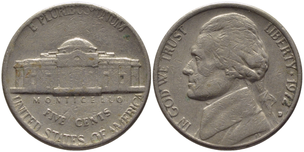 США 5 ЦЕНТОВ 1972 D, ДЖЕФФЕРСОН KM А192 медно-никель 31-631