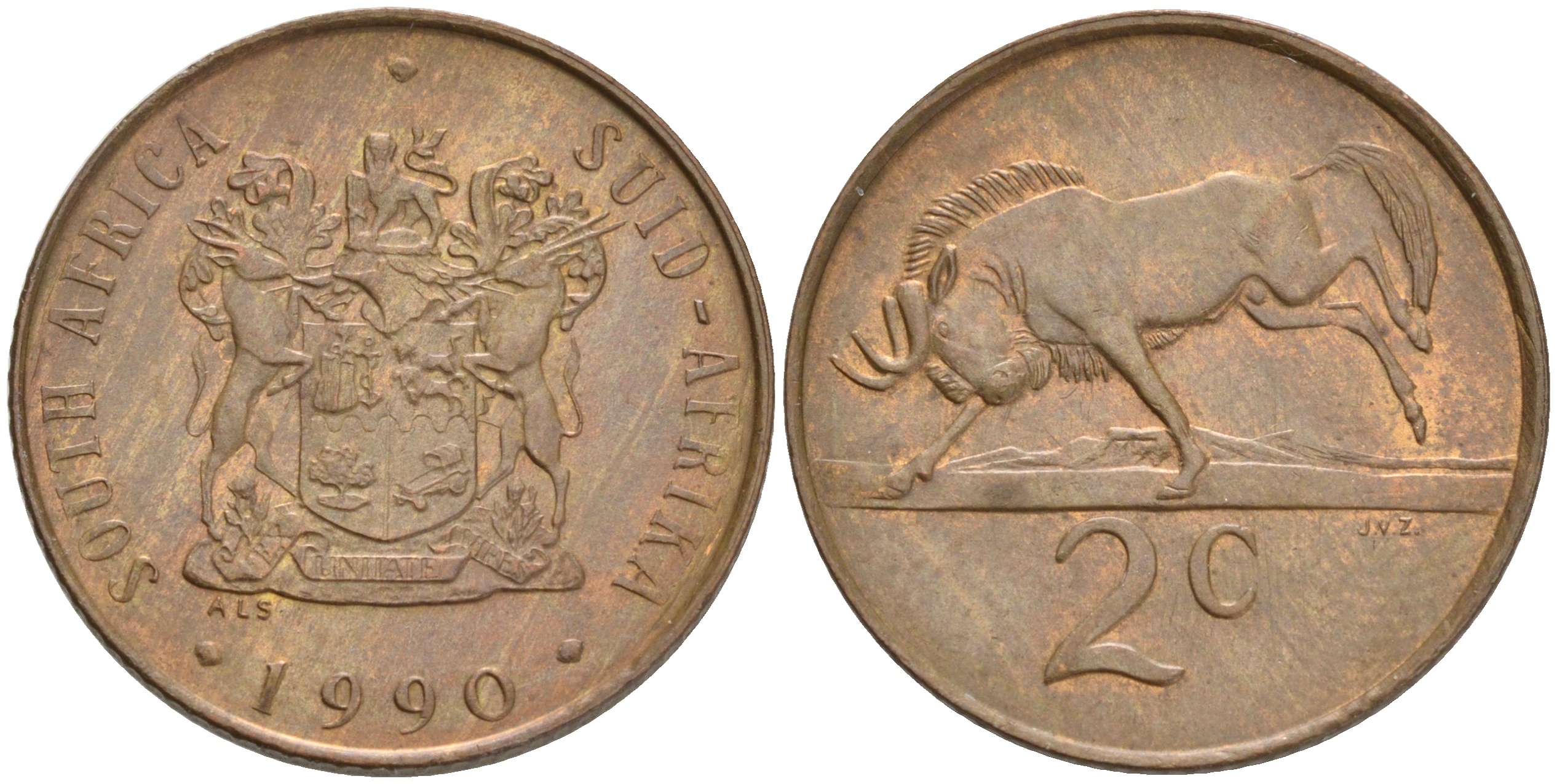 ЮАР 2 цента 1989 герб, антилопа гну KM 83 бронза UNC 4561-734