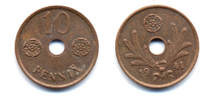 ФИНЛЯНДИЯ 10 ПЕННИ 1941 KM 33.1 медь 51-4915