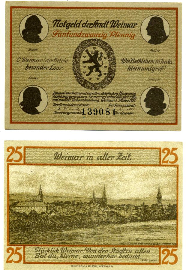 Веймар 25 пфеннигов 1921 1 марта 1921, нотгельд (WEIMAR), земля Тюрингия, DRFA серая Grabowski 1398.2а бумага 2196-6-1-1