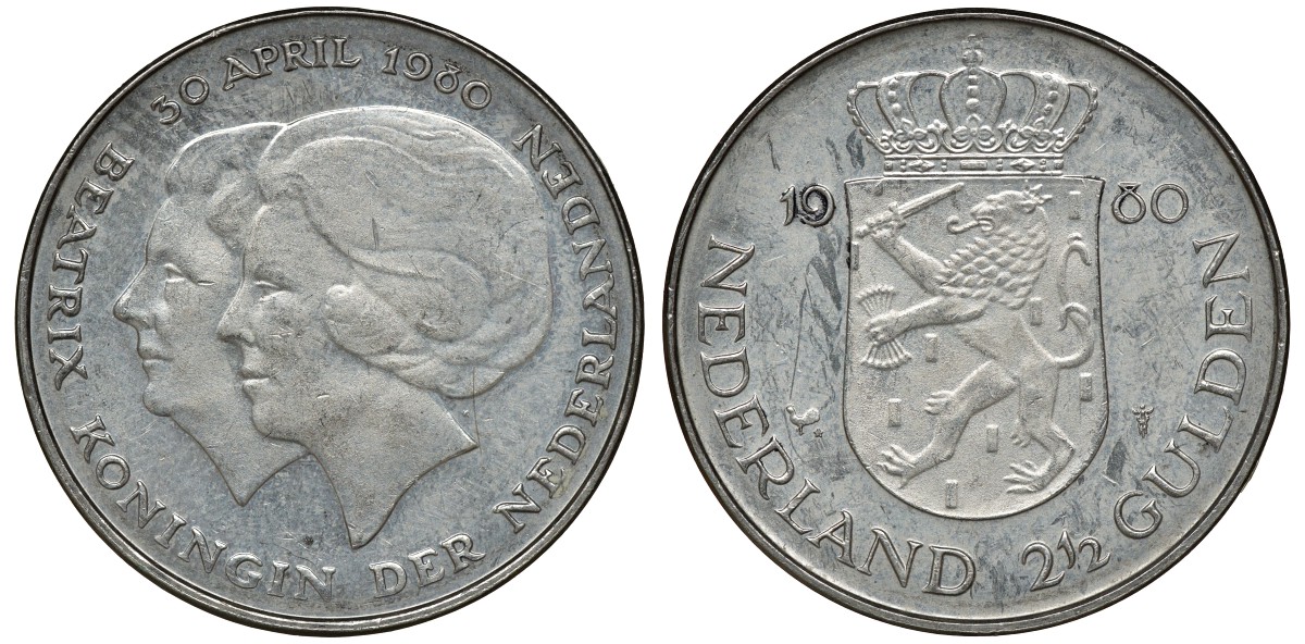 Нидерланды 2 1/2 гульдена 1980 коронация Беатрикс, 30 апреля 1980 KM 201 никель 72-1445