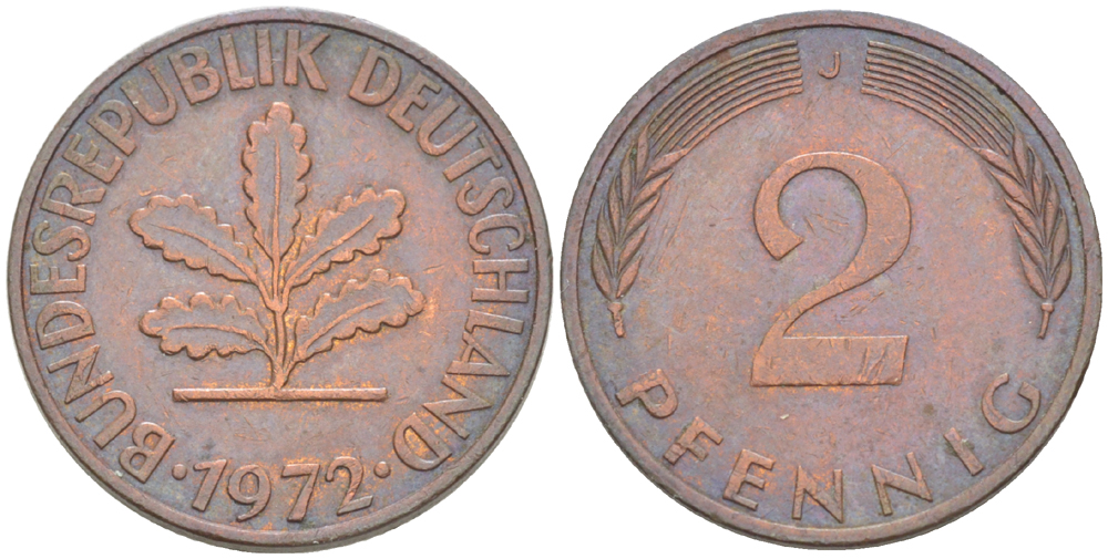 ФРГ 2 ПФЕННИГА 1972 J KM 106а, J. 381а сталь плакированная сталь плакированная медьюю 4181-766