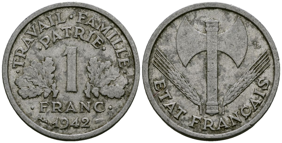 Франция 1 франк 1942 Правительство Виши KM 902.1, Le Franc 222.2 алюминий 4138-245