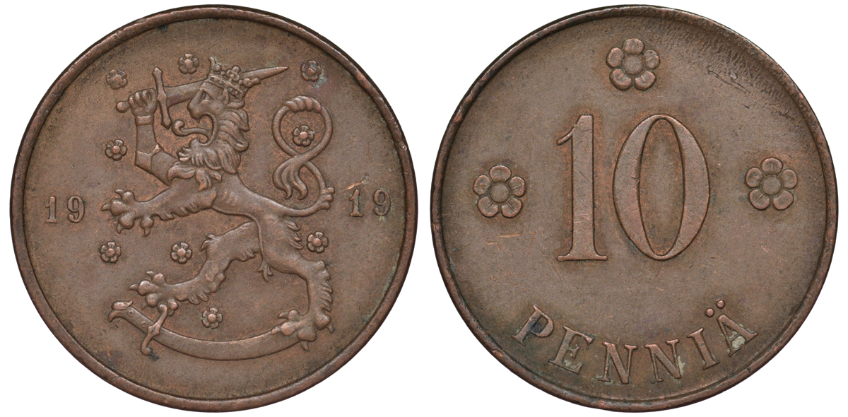 Финляндия 10 пенни 1919 KM 24 медь 45-1257