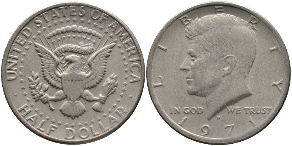 США 1/2 доллара (50 центов) 1971 D, Джон Кеннеди KM 202b медь плакированная медно-никелем 272-543