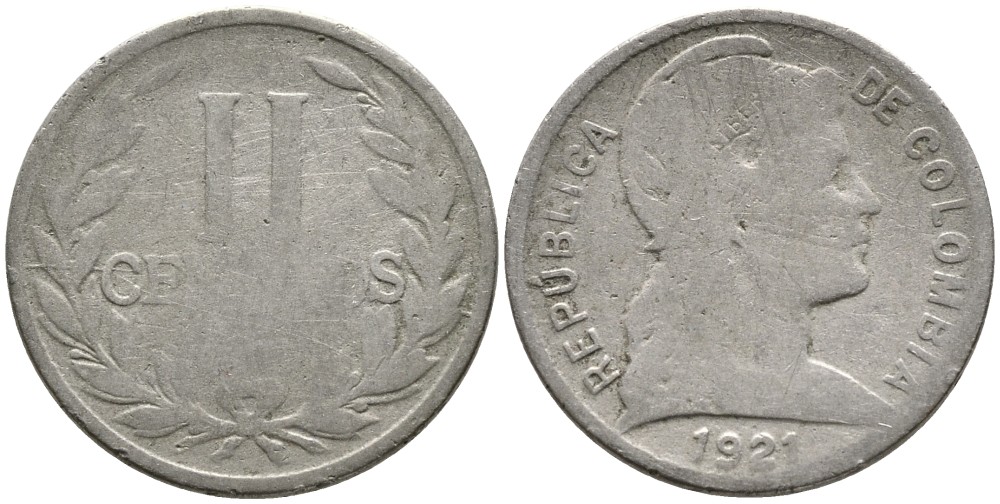 КОЛУМБИЯ 2 СЕНТАВО 1921 KM 198 медно-никель 4532-212