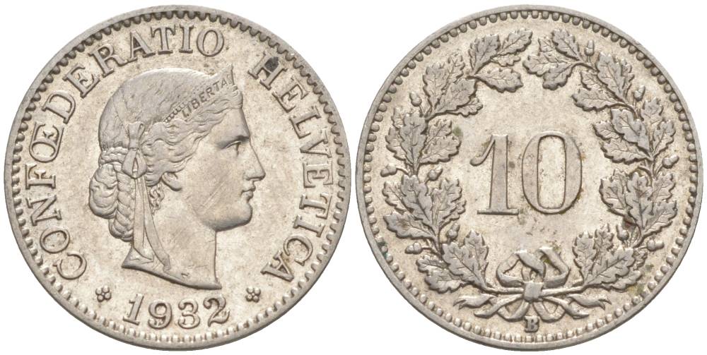 Швейцария 10 раппенов 1932 B KM 27b никель     3309-559